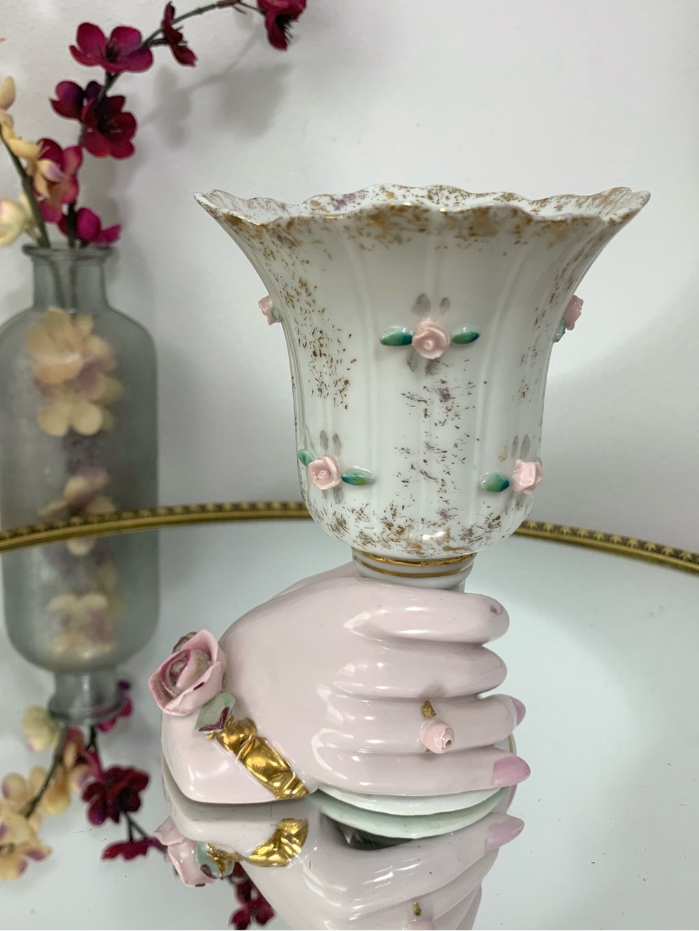 #06 Vintage Napco Porcelain Hand Shaped Flowers Trumpet Vase Jewelry Display